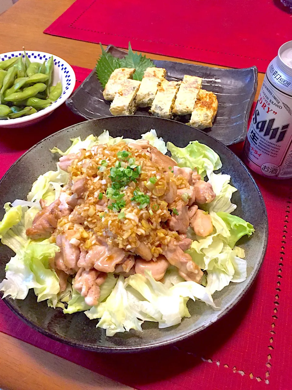 Snapdishの料理写真:焼き油淋鶏🐓高菜入り卵焼き🍳枝豆🍀|おかちさん