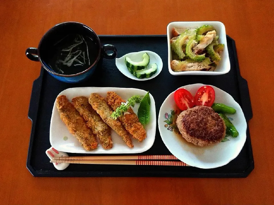 煮込みハンバーグ イワシ磯辺揚げ ゴーヤ和え物等|chikakoさん