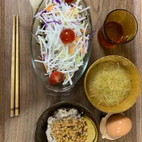 Snapdishの料理写真:大根サラダ、ブロッコリーの芽の味噌汁、納豆玄米ご飯|makkyさん