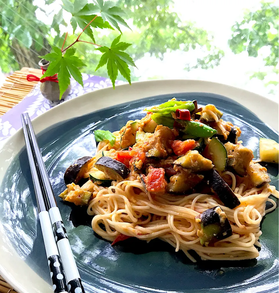 昼ごはん  夏野菜のそうめんチャンプルー|砂雪さん