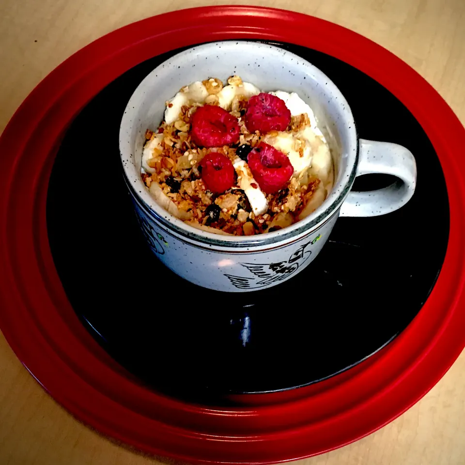 Greek Low Fat Vanilla Yogurt With Granola, Banana Slices & Raspberry|Michaels Culinary Adventuresさん