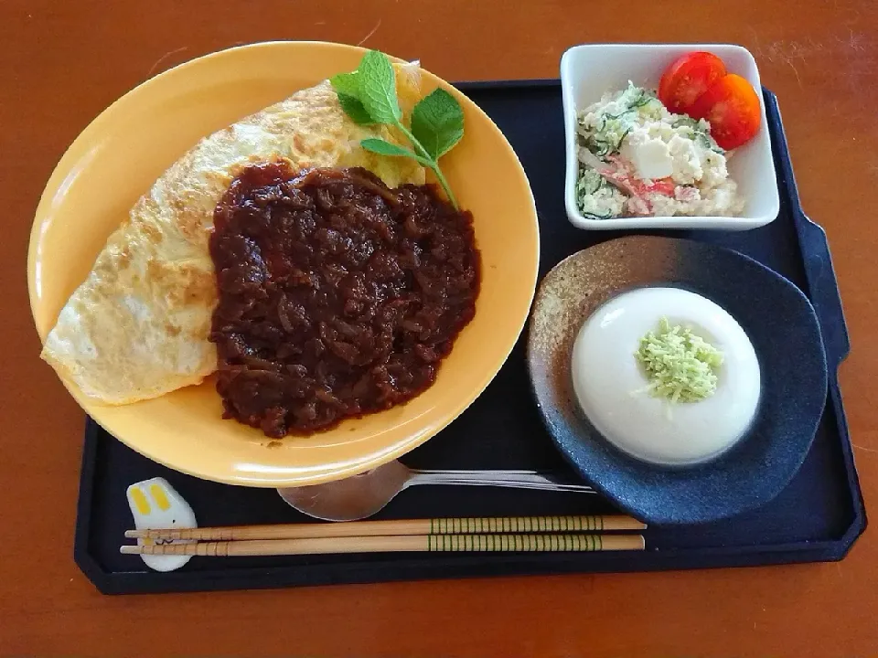 オムハヤシ、おからサラダ、生わさびのせおぼろ豆腐|chikakoさん