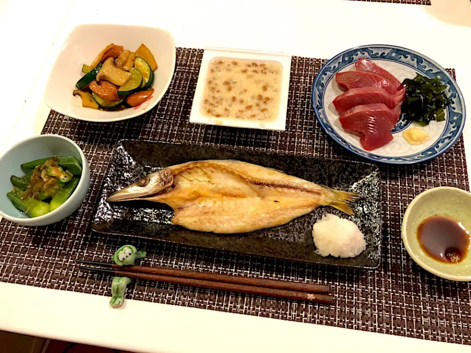 Snapdishの料理写真:#かますの開き干し  #カツオの刺身  #オクラのおひたし  #ズッキーニとエリンギのバター醤油炒め  #納豆|ゆぺこさん