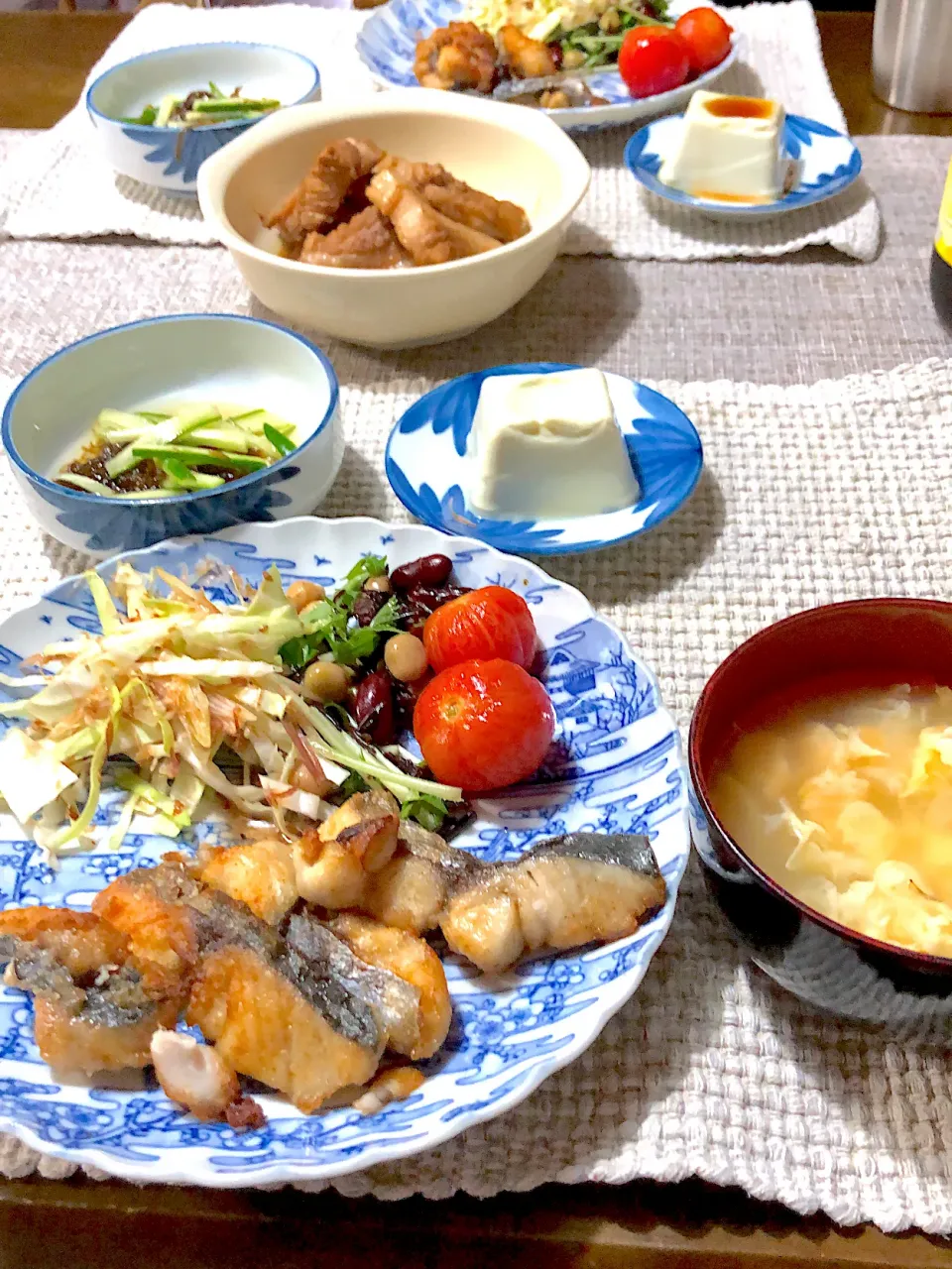 夕食 さわらの唐揚げ 枝豆豆腐 ネギスープ きゅうりもずく|モリーミさん