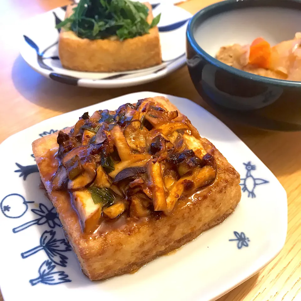 厚揚げの焼物2種。きのこ味噌と大葉おろし。肉じゃがと。晩御飯。|しゅうとうさんさん