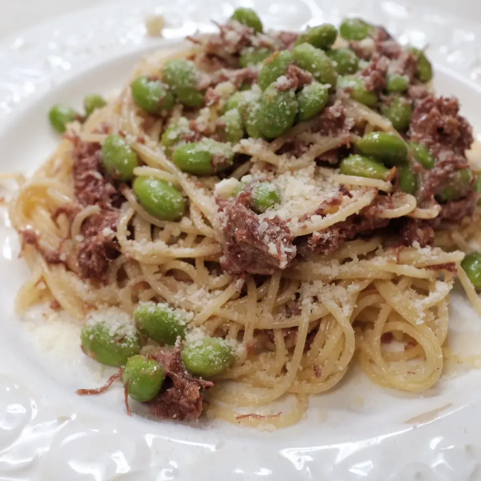 ‪コンビーフと枝豆のマヨネーズスパゲティ 豆板醤ちょい足し‬|織友さん