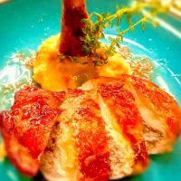 Snapdishの料理写真:Guinea fowl stuffed with cheese and truffles,served with celeriac puree and Porto sauce.|Lorna Panerさん