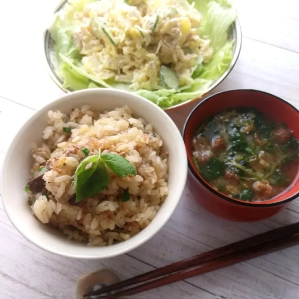 サバ缶炊き込みごはん&ポテサラ定食|ポンポンダリアさん