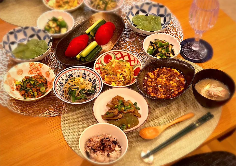 麻婆豆腐  ごぼう蒟蒻豚肉煮物  ゴーヤチャンプル  参鶏湯  刺身蒟蒻  なすオクラ白だし漬け  もやしニラナムル  大葉きゅうり納豆  冷やしトマトきゅうり|nana 🍅さん