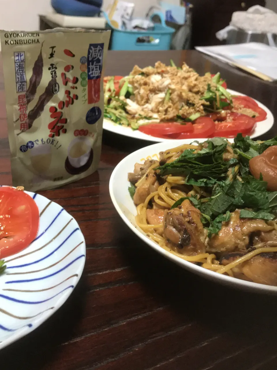 和風パスタ。玉露園さんありがとうございまず😍ありきたいない、キノコと今晩は鶏胸肉。ササミのスーブ寺|ちーさん