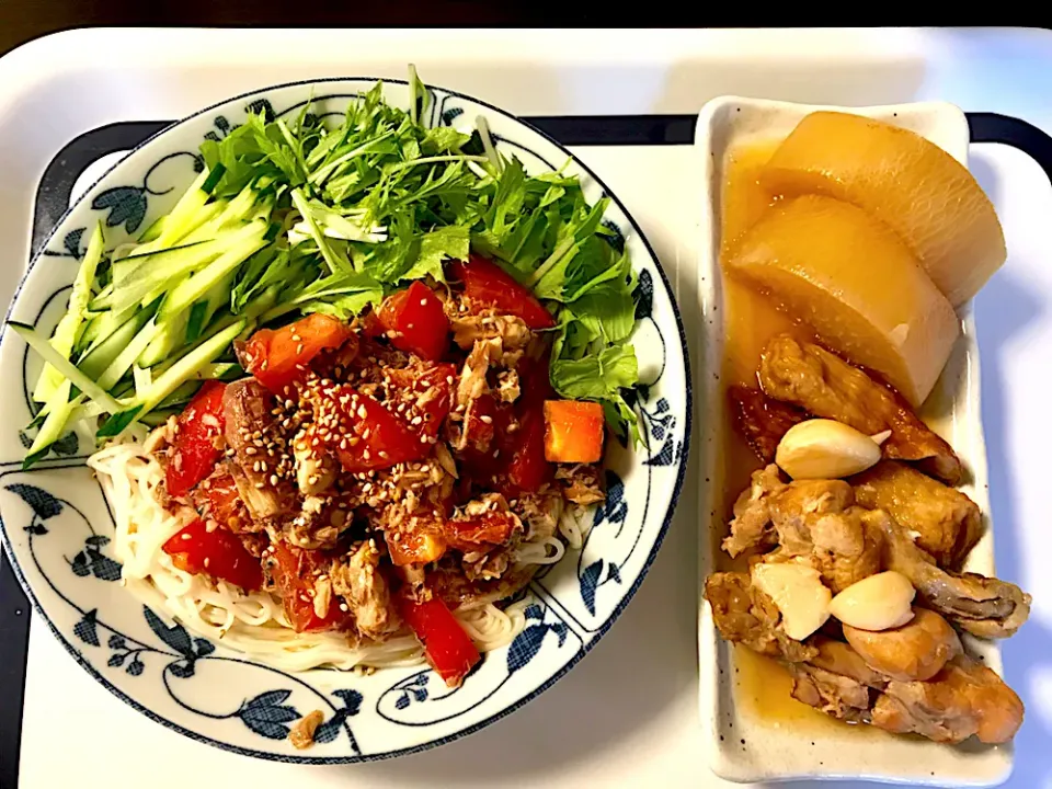 Snapdishの料理写真:さば缶🍅冷麦、手羽元大根煮|okeiko🎶さん