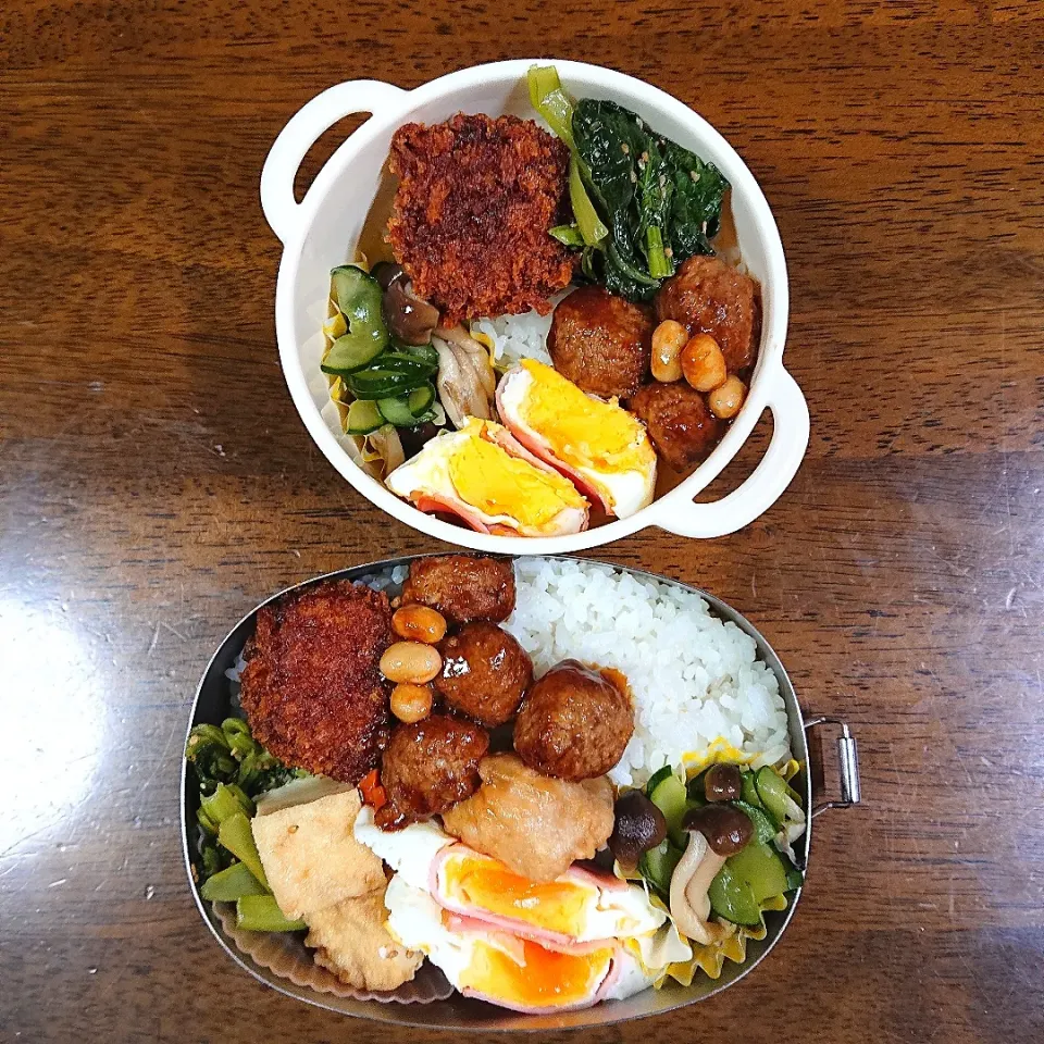 旦那 私弁当🍱
  きゅうりとキノコの酢のも
   小松菜の煮浸し
  あとはレンチン😄|miimiさん