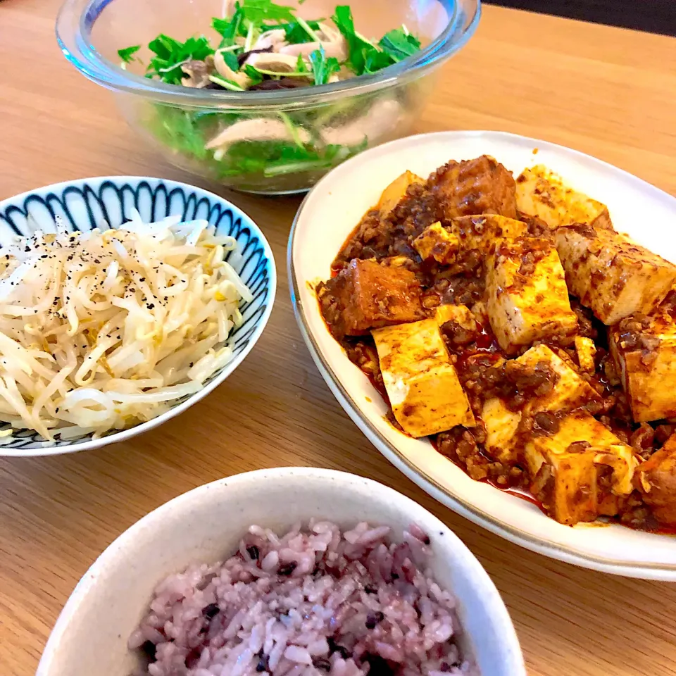 Snapdishの料理写真:きょうのお昼ごはん#麻婆豆腐#蒸し鶏とザーサイの野菜たっぷりサラダ#もやしナムル#ふたりごはん|ゆかｕさん