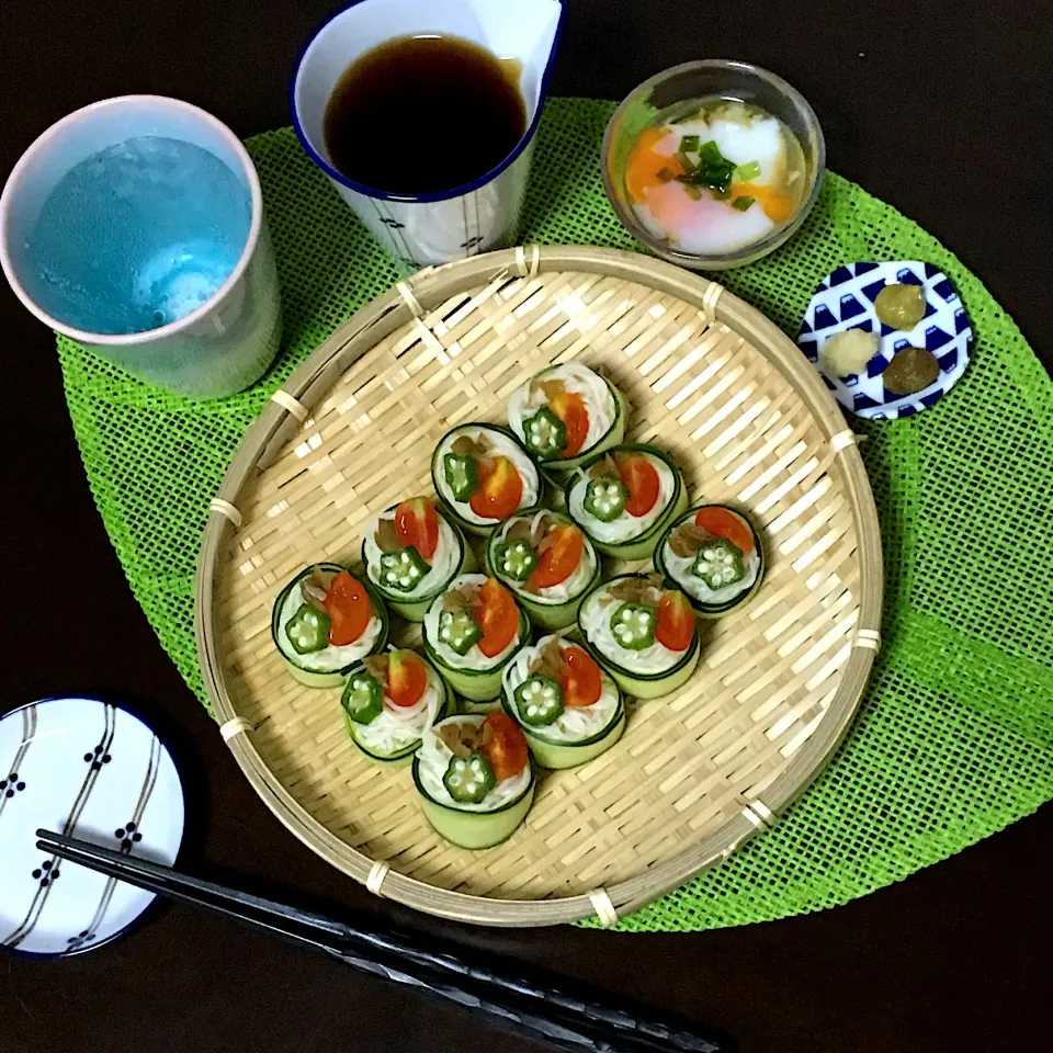 青梅の醤油漬け風味🌀素麺をきゅうりで巻き巻きの巻|momono1さん