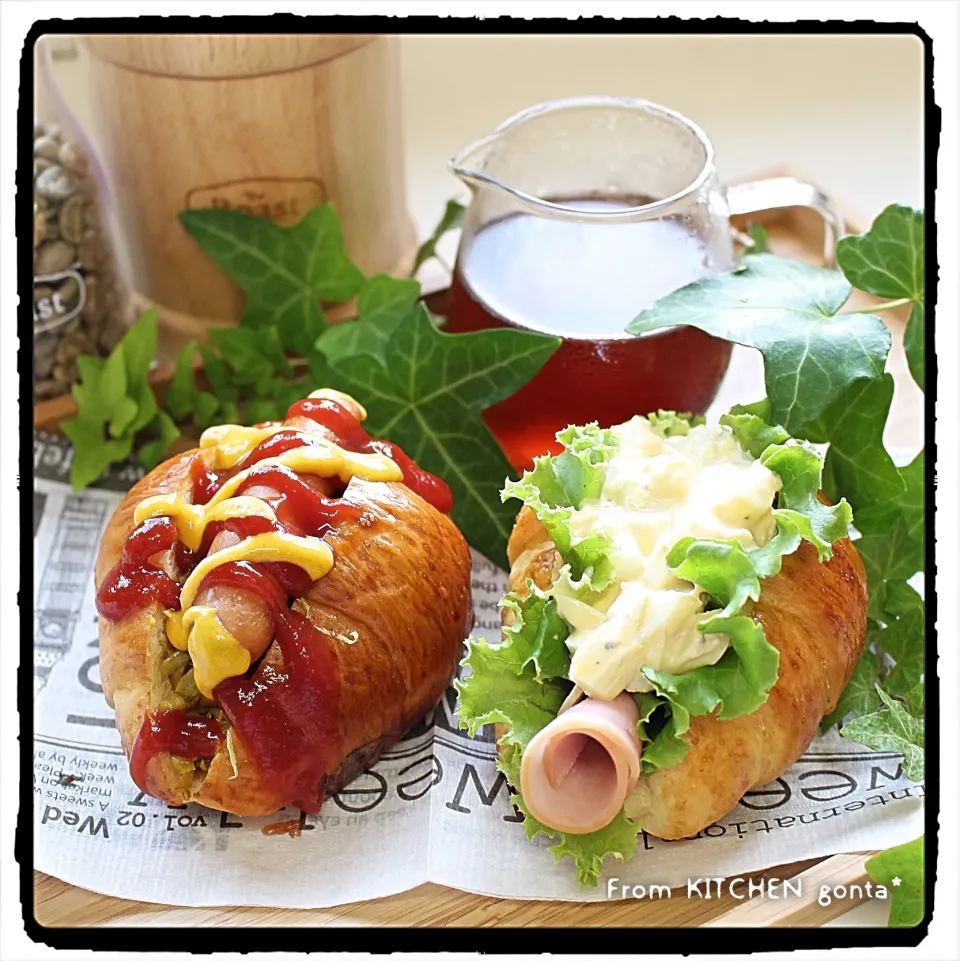 カレー風味のホットドッグ🌭to卵サンド🥚withブリューコーヒー☕️﻿|gonta*さん