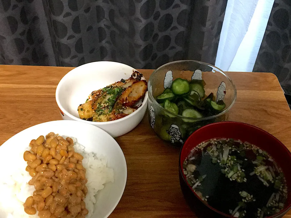 ちくわの磯辺揚げ/わかめときゅうりの酢の物/納豆/わかめスープ|長生きしたいマンさん