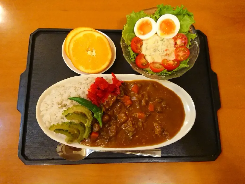 夏 キーマカレー  ポテトサラダ  オレンジ|chikakoさん