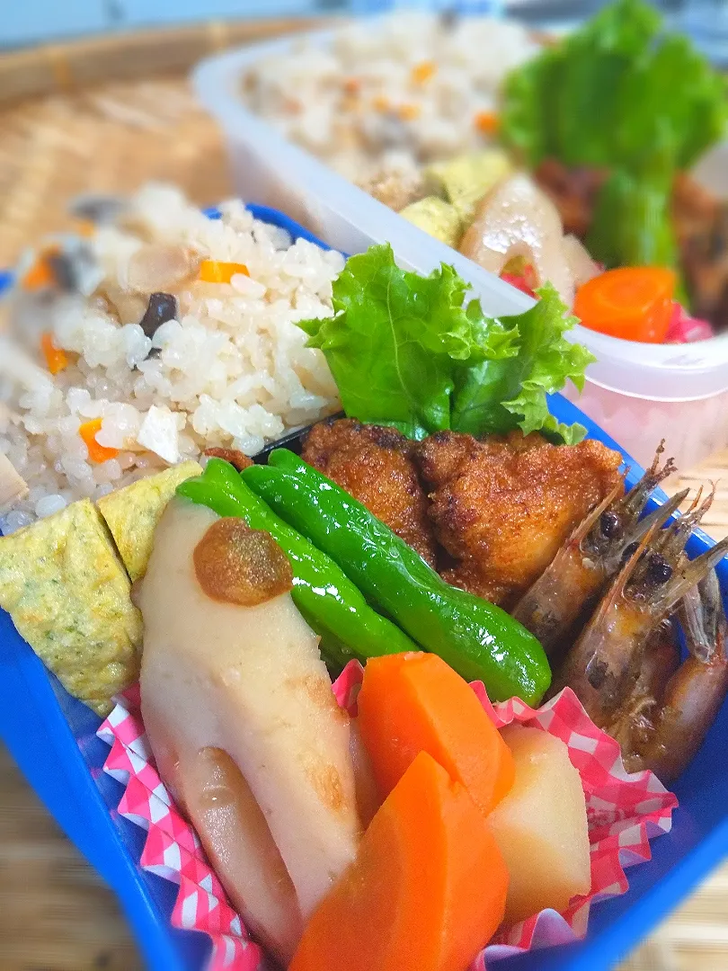 今日のお弁当「舞茸炊き込みご飯」「芝海老素揚げ」「唐揚げ」他|和泉の元気パパさん