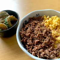 Snapdishの料理写真:2色丼とゴーヤの唐揚げ|ななつぼしさん