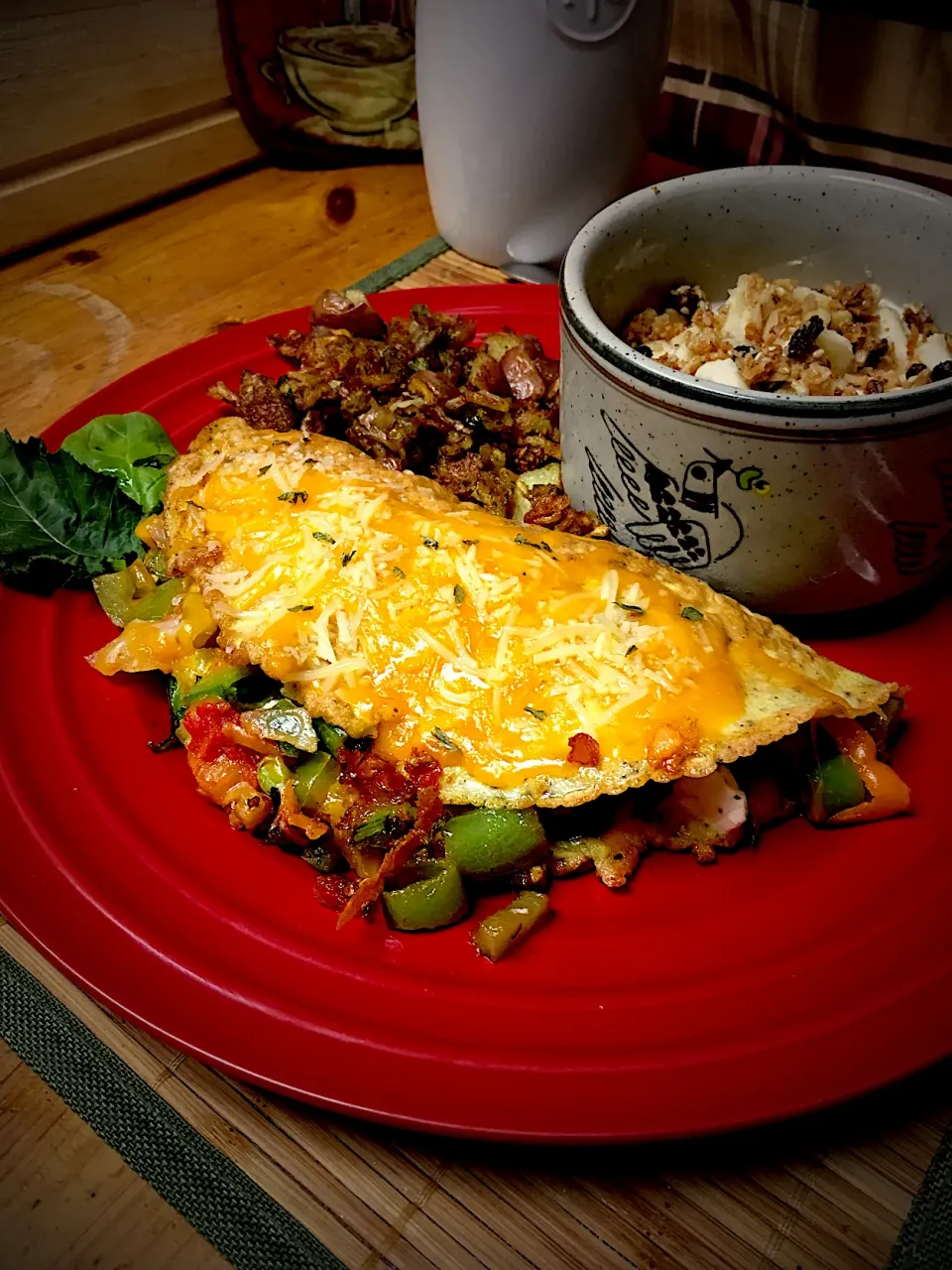 Snapdishの料理写真:Cheddar and Feta Omelette; Spinach, Peas, Onion, Habanero Black and Bell Pepper, Garlic, Tomato; Served W/ Red Potato Hash Brown Smothered, Covered & Peppered;|Michaels Culinary Adventuresさん