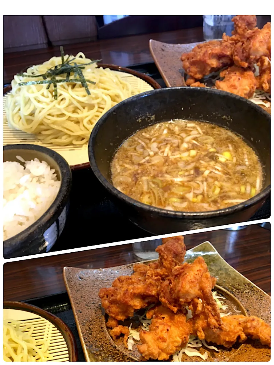 Snapdishの料理写真:昼ごはん☀️☀️☀️                                            鶏のから揚げユーリンチ風と濃厚つけ麺のセット|ぽんたさん