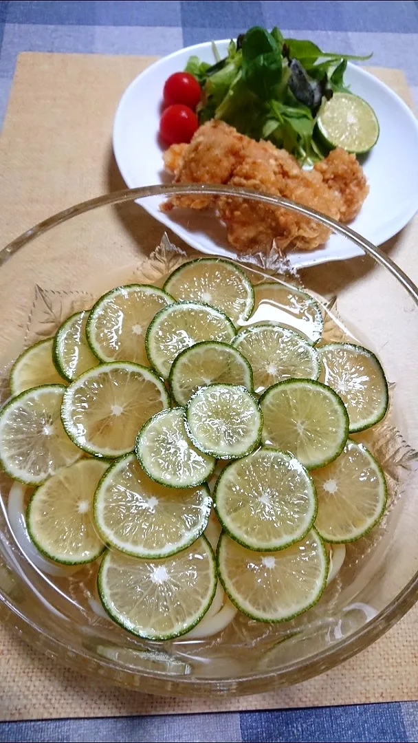 Snapdishの料理写真:今日の晩ごはん
冷やしへべすうどん、ザンギでいただきます🎵
 毎年、今の時季に取り寄せしている、
宮崎県日向産の「へべす」で、今夜は
讃岐うどんを使って、冷たい麺料理にしてみました🎶
ザンギは、北海道でお馴染みの「唐揚げ」です😆🎵🎵
今夜は、ハイボールにも、へべすを搾って、満足、満足～👍
 #旬の果実
 #宮崎県日向特|まめねこママさん