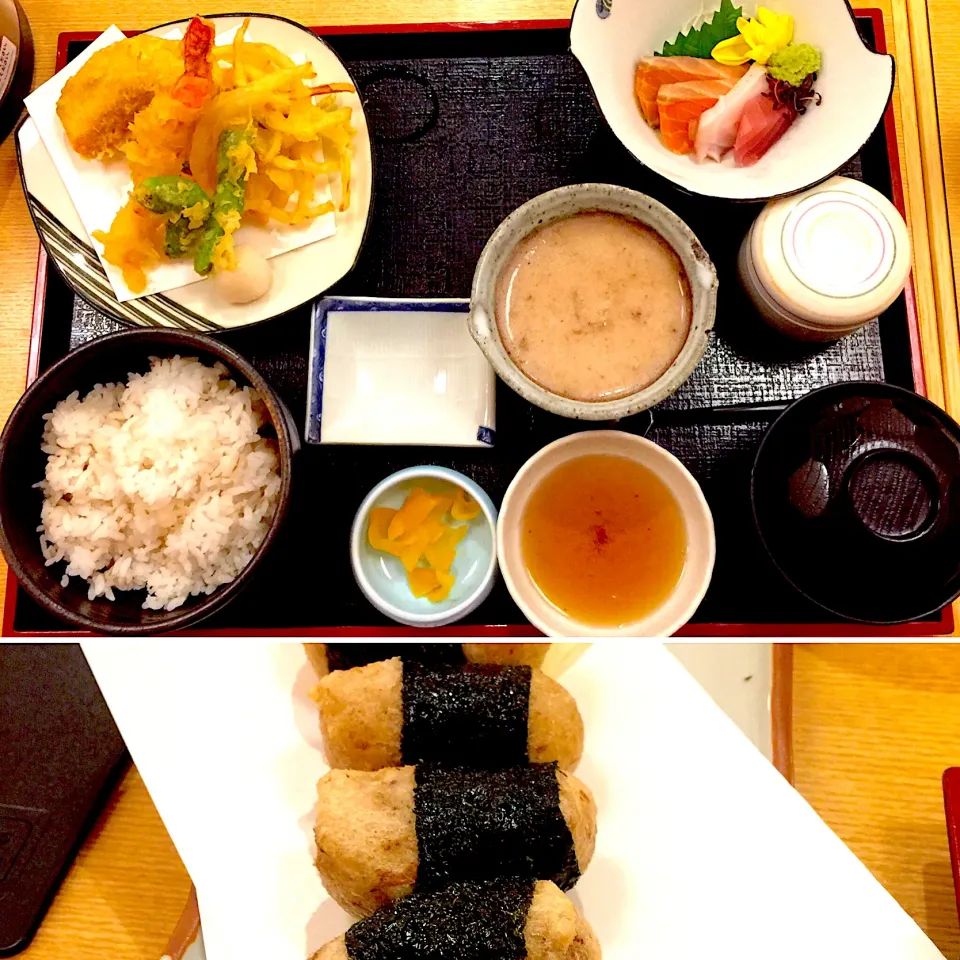 Snapdishの料理写真:とろろごはんと天ぷら、刺身御膳、とろろ磯部揚げ|yakinasuさん