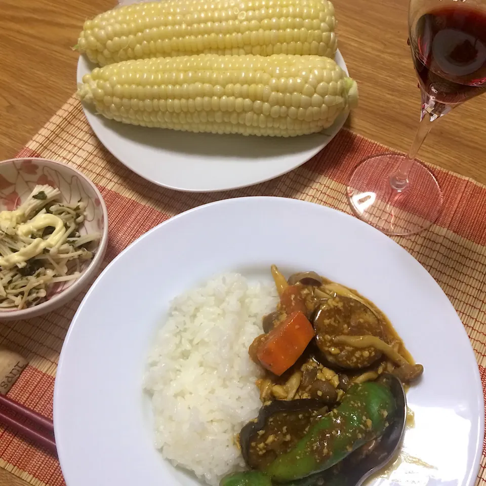 2019/08/30 養父の夏野菜(茄子&甘とう)カレー、ワカメえのきサラダ、塩蒸しピュアホワイト|kykyさん