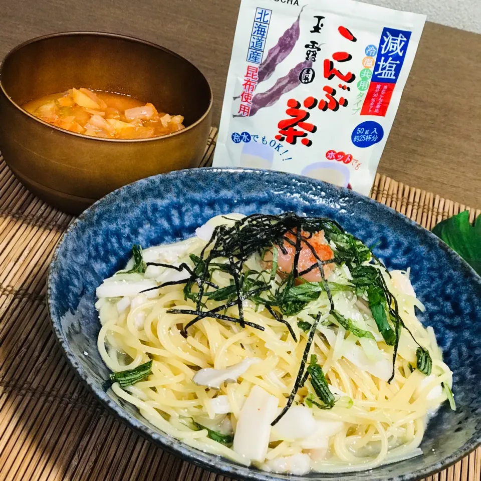 『玉露園減塩こんぶ茶』と明太子でシーフード和風パスタ🍝|nailsbayさん