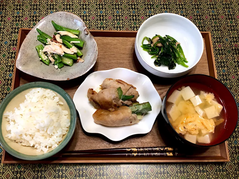 アスパラの豚肉巻き/ほうれん草のツナ和え/とうふのお吸い物/鶏ささみとアスパラの梅和え|みんとんさん