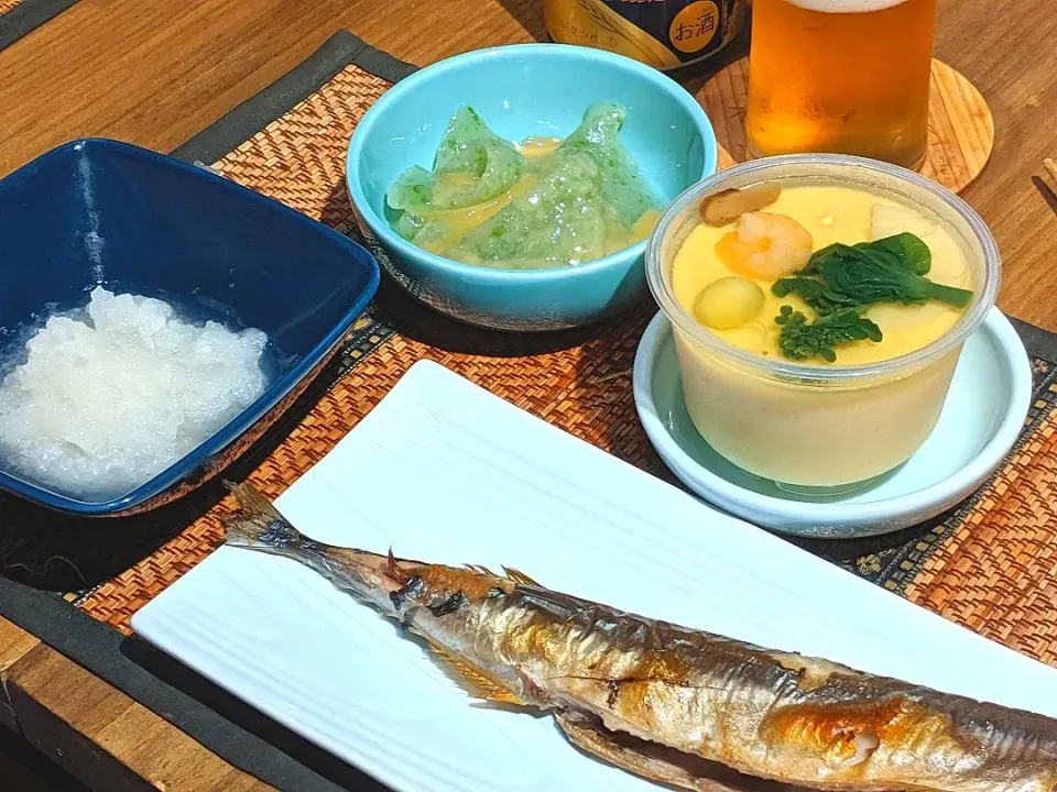 秋刀魚焼き＆茶碗蒸し＆刺身こんにゃく＆大根おろし|まぐろさん