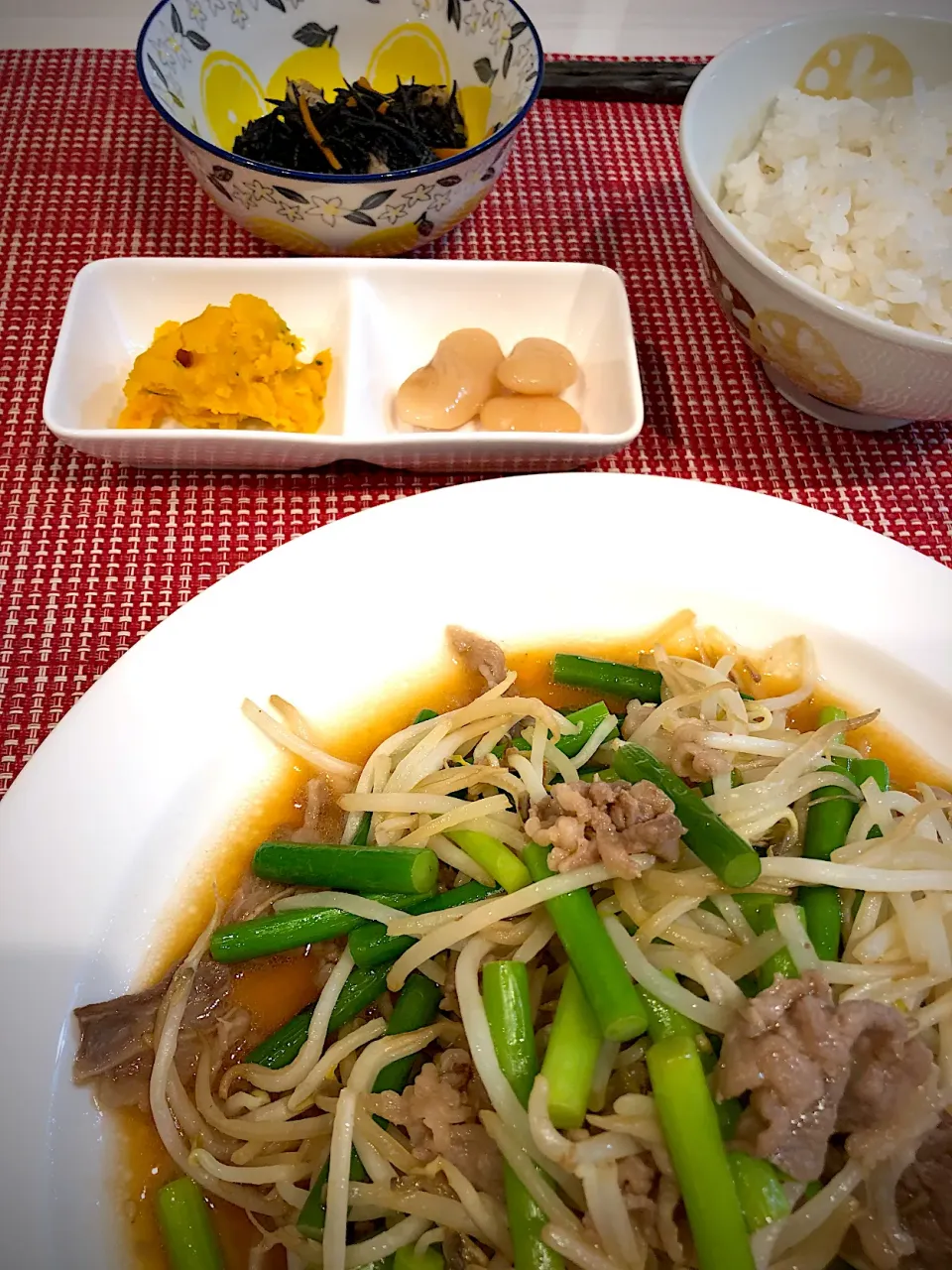 ニンニクの芽炒め  ひじきの煮物  煮豆  かぼちゃサラダ|キヨさん