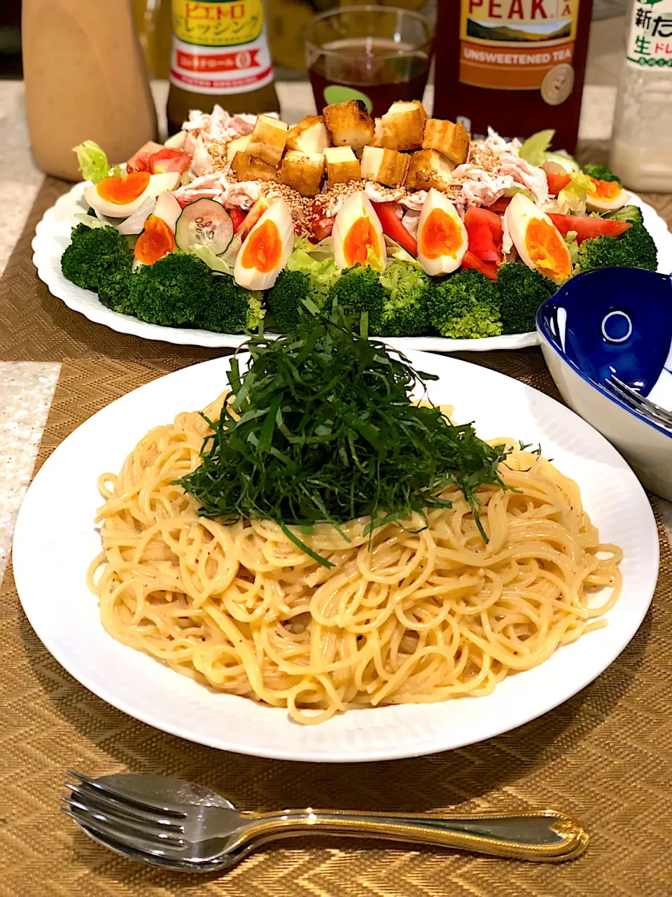 Snapdishの料理写真:たらこスパゲッティ！ 筋肉モリモリサラダ🥗！|Mayumiさん