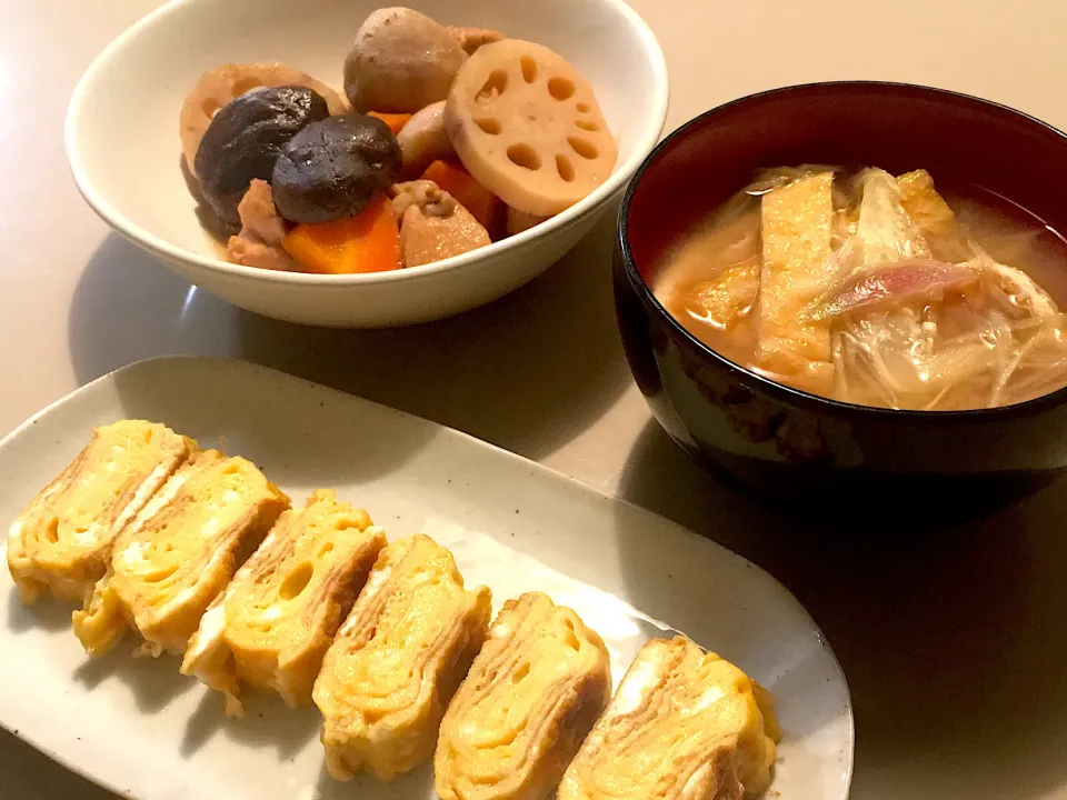 筑前煮・だし巻き卵・みょうがの味噌汁|料理初心者さゆみさん