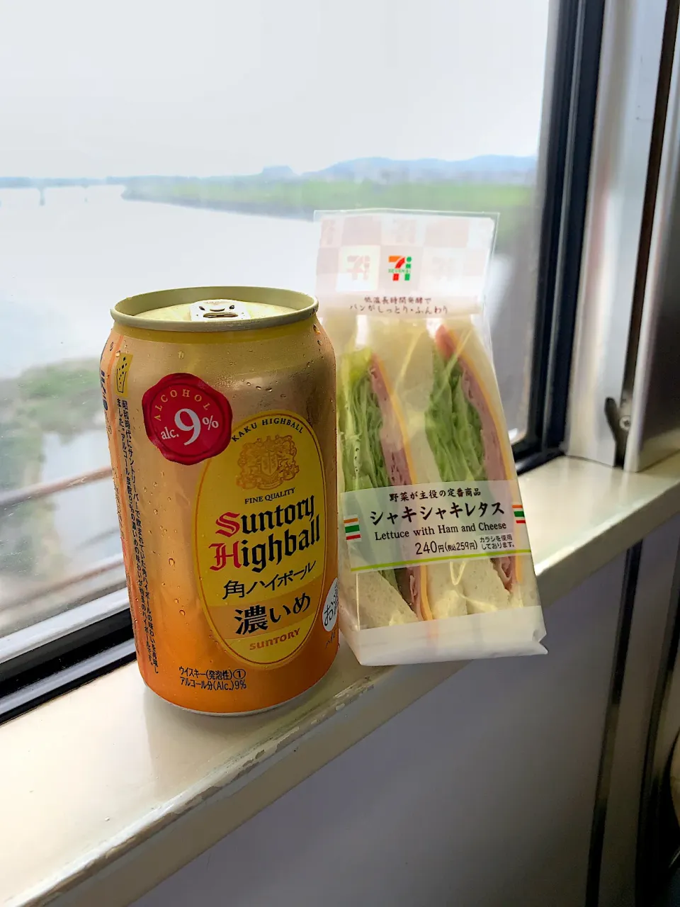 Snapdishの料理写真:今日は暑かったー！！ということでお昼抜きの仕事１時間早上がり(^｡^)ほぼ貸切り田舎電車でヘルシーサンドイッチ片手にプレイボール🥪🍺|良太さん