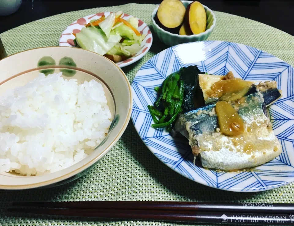 サバの味噌煮、さつまいものレモン煮、キャベツとしめじのマヨポン炒め|ちぐあささん