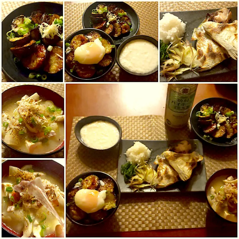 Snapdishの料理写真:Today's Dinner🍴 ｱﾗの塩焼き･大和芋･温泉卵･茄子の照り焼き丼･ｱﾗのお味噌汁|🌈Ami🍻さん