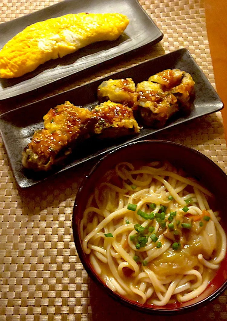 Snapdishの料理写真:Today's Dinner🍴しらすの出汁巻き卵･茄子の挽肉揚げ･ｶﾚｰうどん|🌈Ami🍻さん