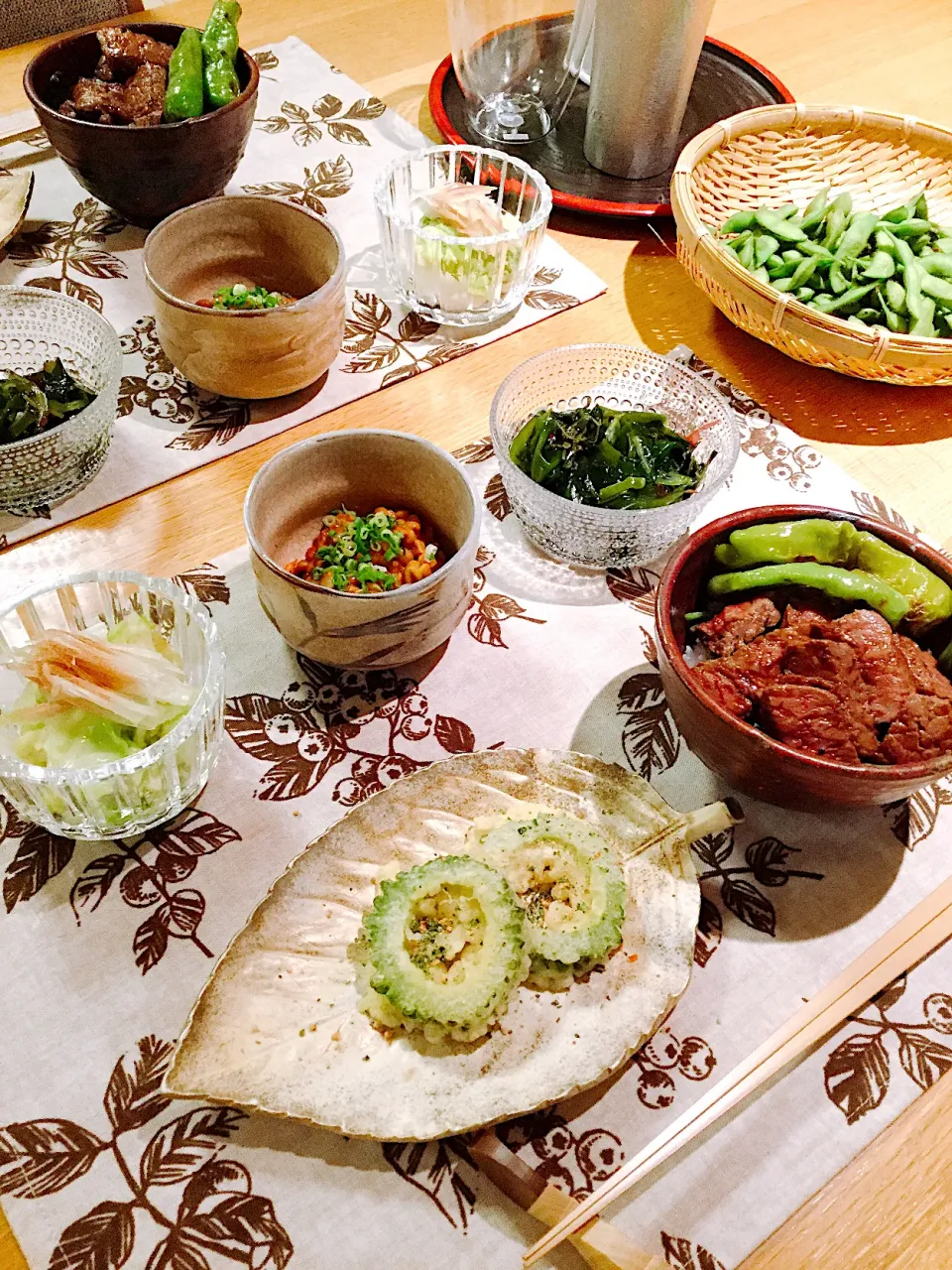 Snapdishの料理写真:ステーキ丼、ゴーヤ天ぷら|papinさん