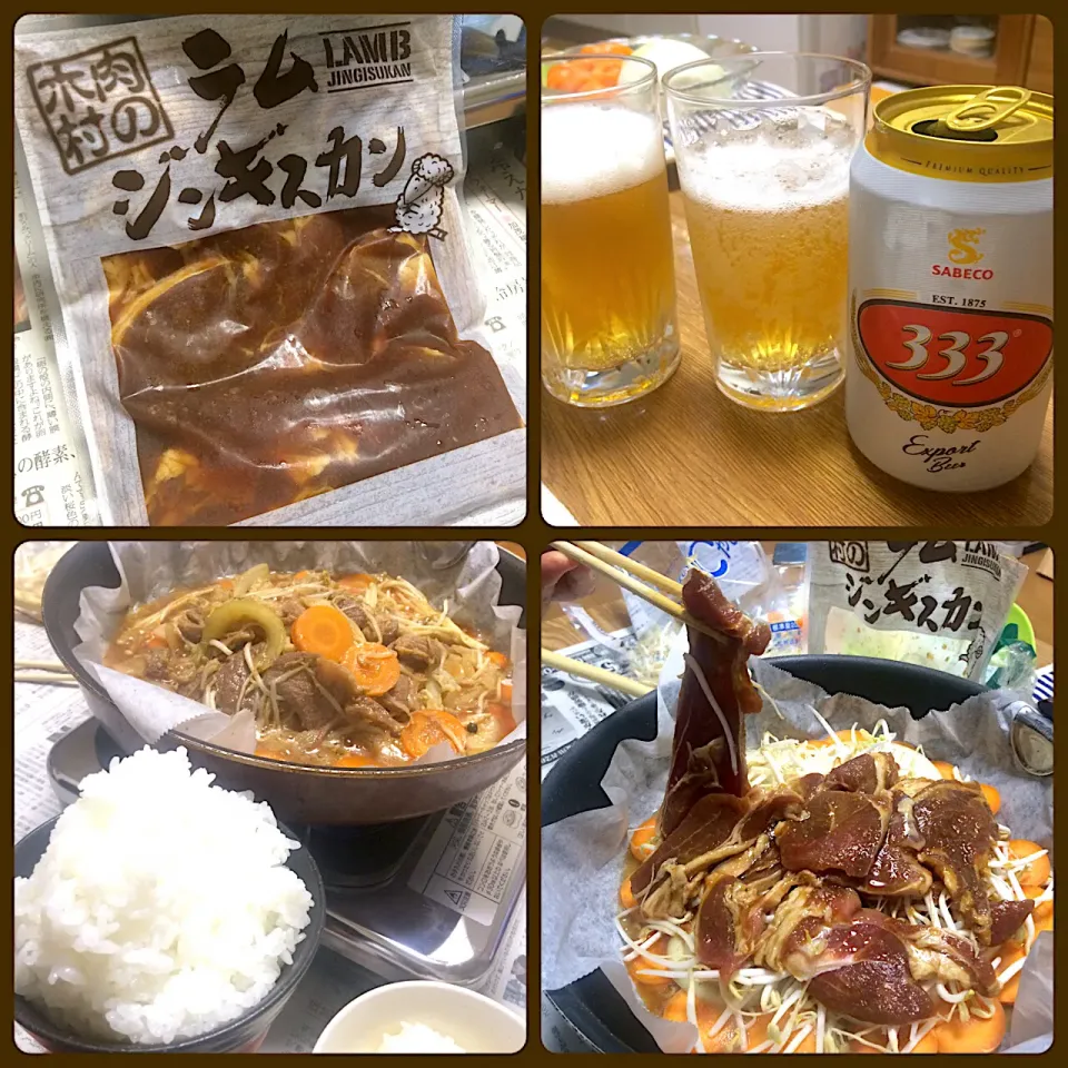 Snapdishの料理写真:2019/09/07 歌志内のジンギスカン(NZ産)、ベトナム３３３ビール、山盛ごはん|kykyさん