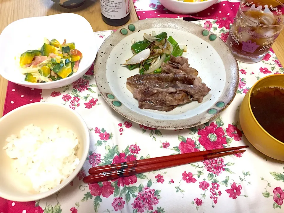 焼き肉・かぼちゃサラダ・もずくのスープ|さおりさん