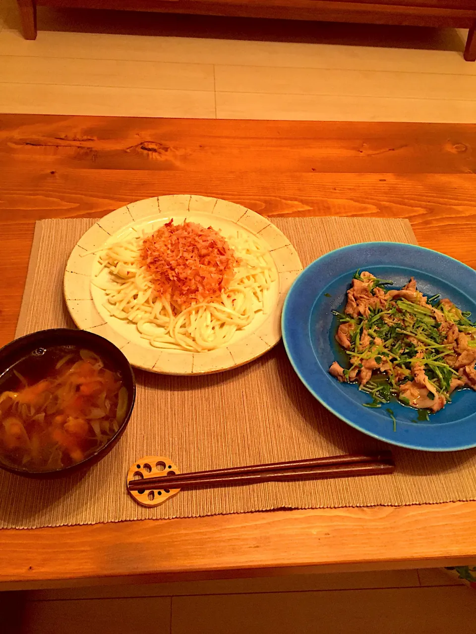 鳥南蛮うどんと、豆苗と豚肉のポン酢がけ|Chiさん