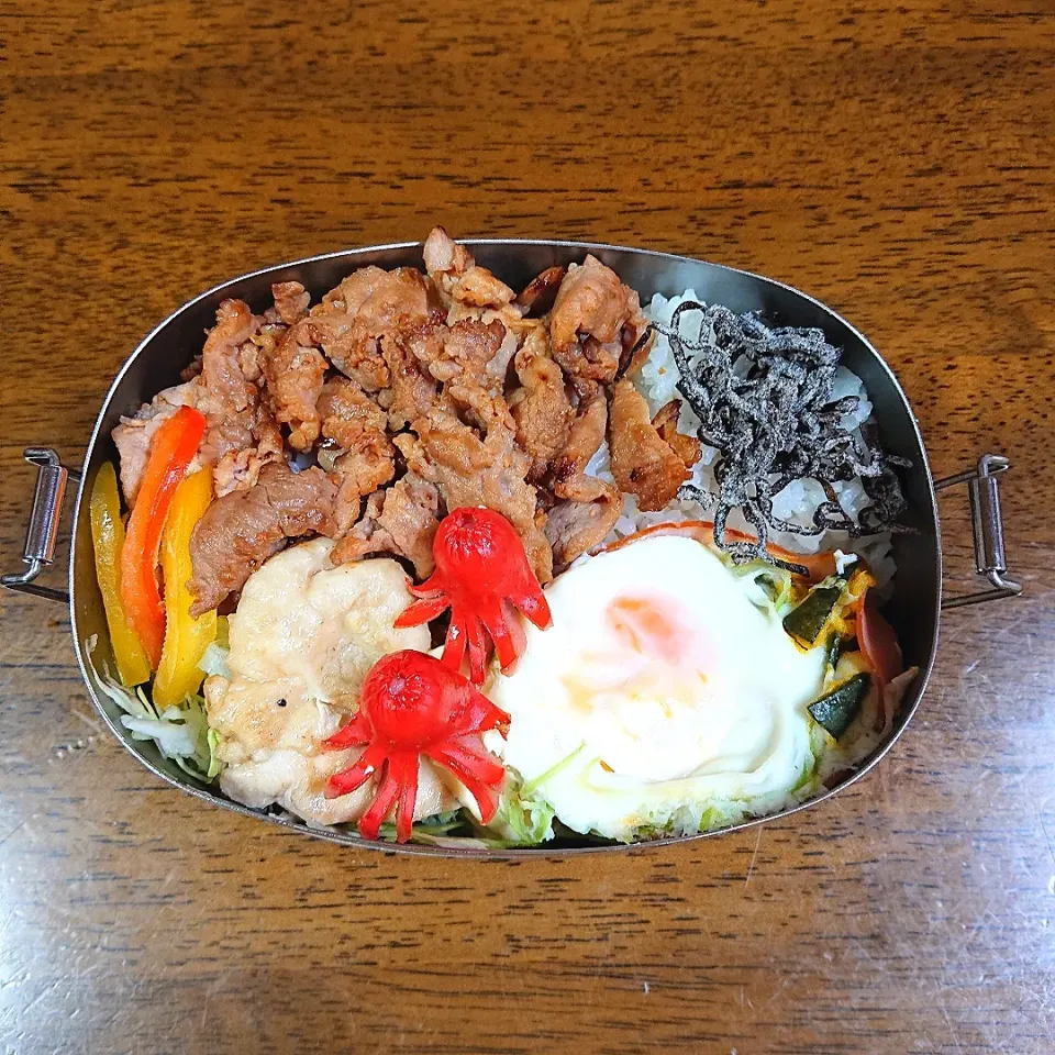 旦那弁当🍱
   しょうが焼きのせ
    レンチンハム卵😊|miimiさん