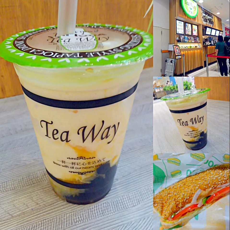 Tea Wayのコラーゲンタピオカ白桃ピーチミルクスムージー　サブウェイ海老アボカド|うたかた。さん