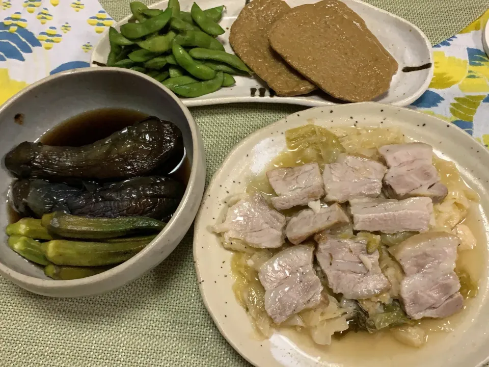 豚バラとキャベツの蒸し煮 ローズマリー風味、丸ごとなすとオクラの煮浸し、枝豆、あじ天|peanutsさん