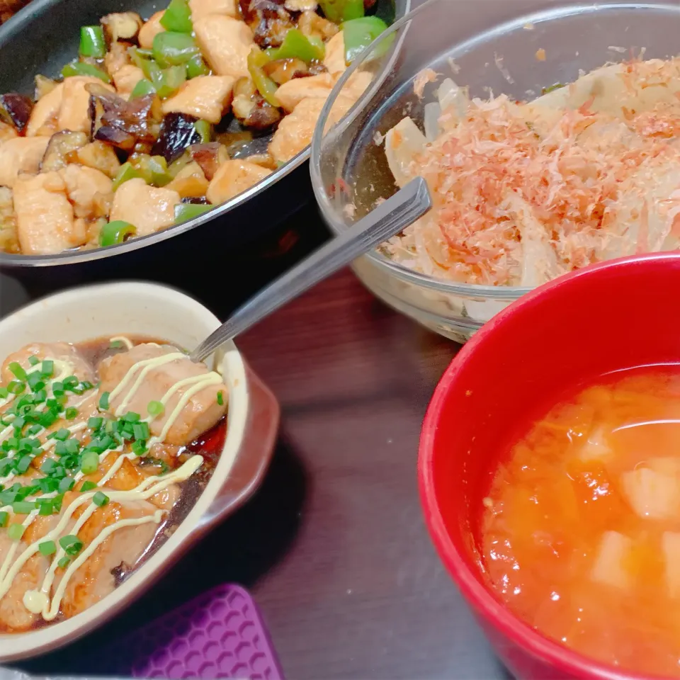 鶏胸肉と夏野菜炒め、豆腐の甘酢あんかけ、トマトスープ|yukki☃さん