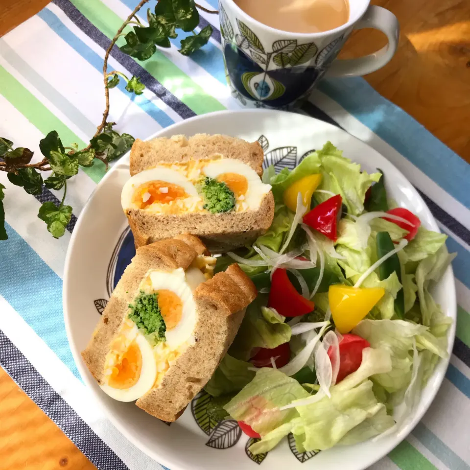 🥪今日はランチは たまご&ブロッコリー🥦のサンドイッチと 山盛りサラダ🥗|Hollyさん