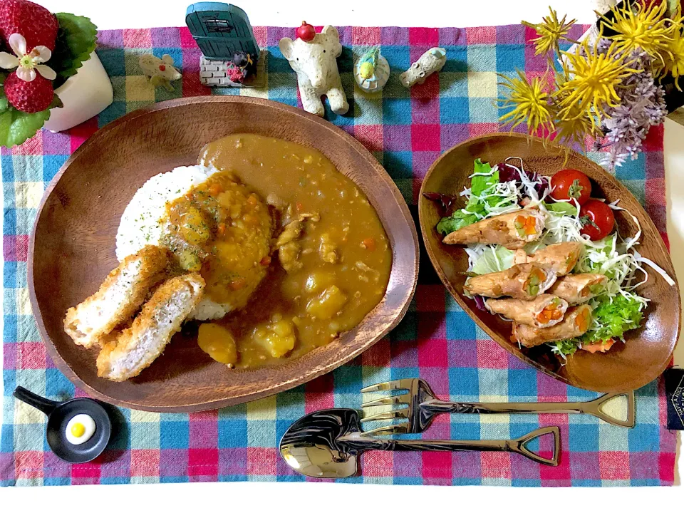 カツカレー、アスパラと人参とエリンギの豚肉巻き|syamさん