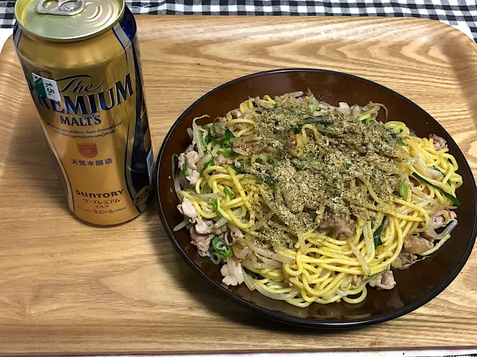 今日の夕食 ☆和風富士宮焼きそば ☆ビール🍺|まぁたんさん