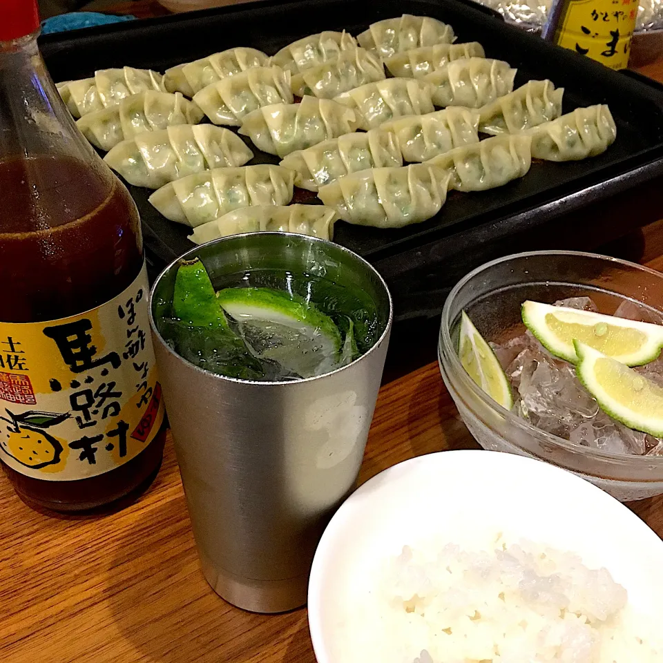 久しぶり手料理。餃子と新米と青レモンサワー|くろあおさん